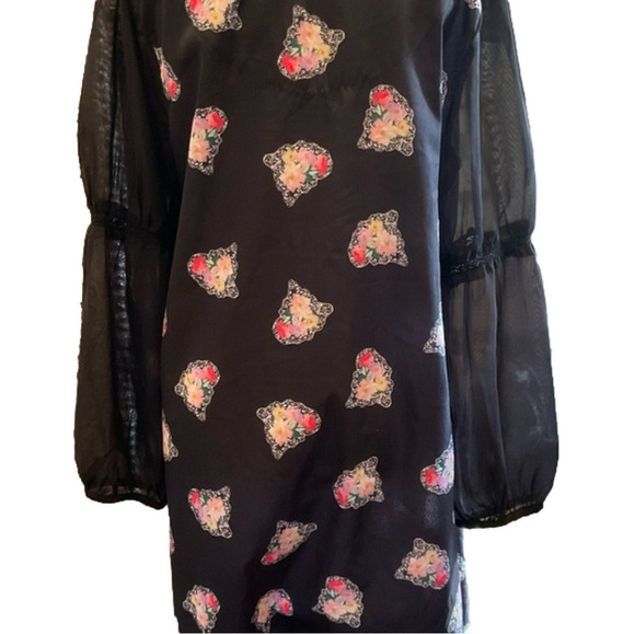 Yumi sz 10 black with floral clinched waist dress with sheer sleeves lightweight - Picture 2 of 6